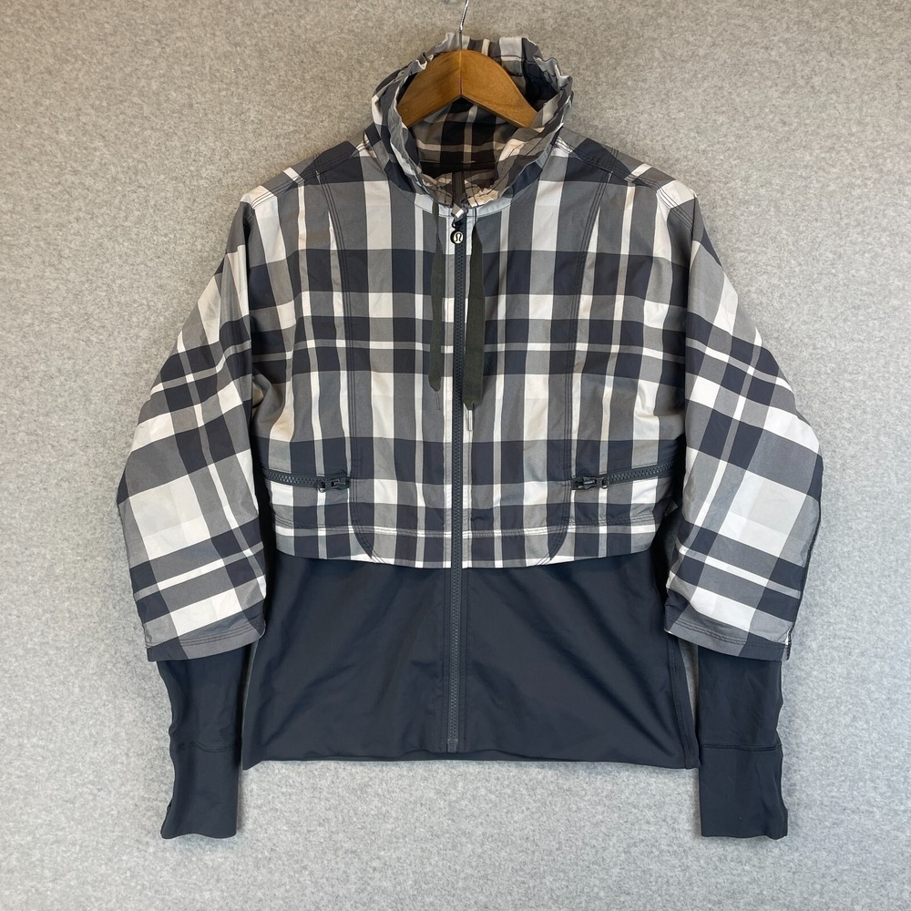 Lululemon Jacket Women Small Gray Plaid Full Zip Yoga Funnel Neck sweatshirt